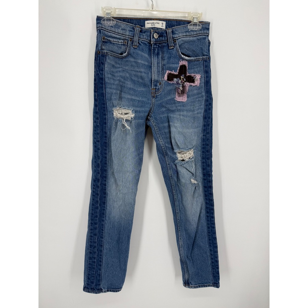 Abercrombie & Fitch The Mom High Rise Jeans Women 26 2L Blue Distressed Patch